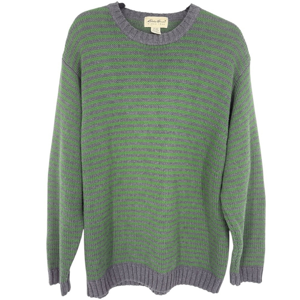 Eddie Bauer Mens Striped Long Sleeve Crew Neck Cotton Sweater Size Medium Green